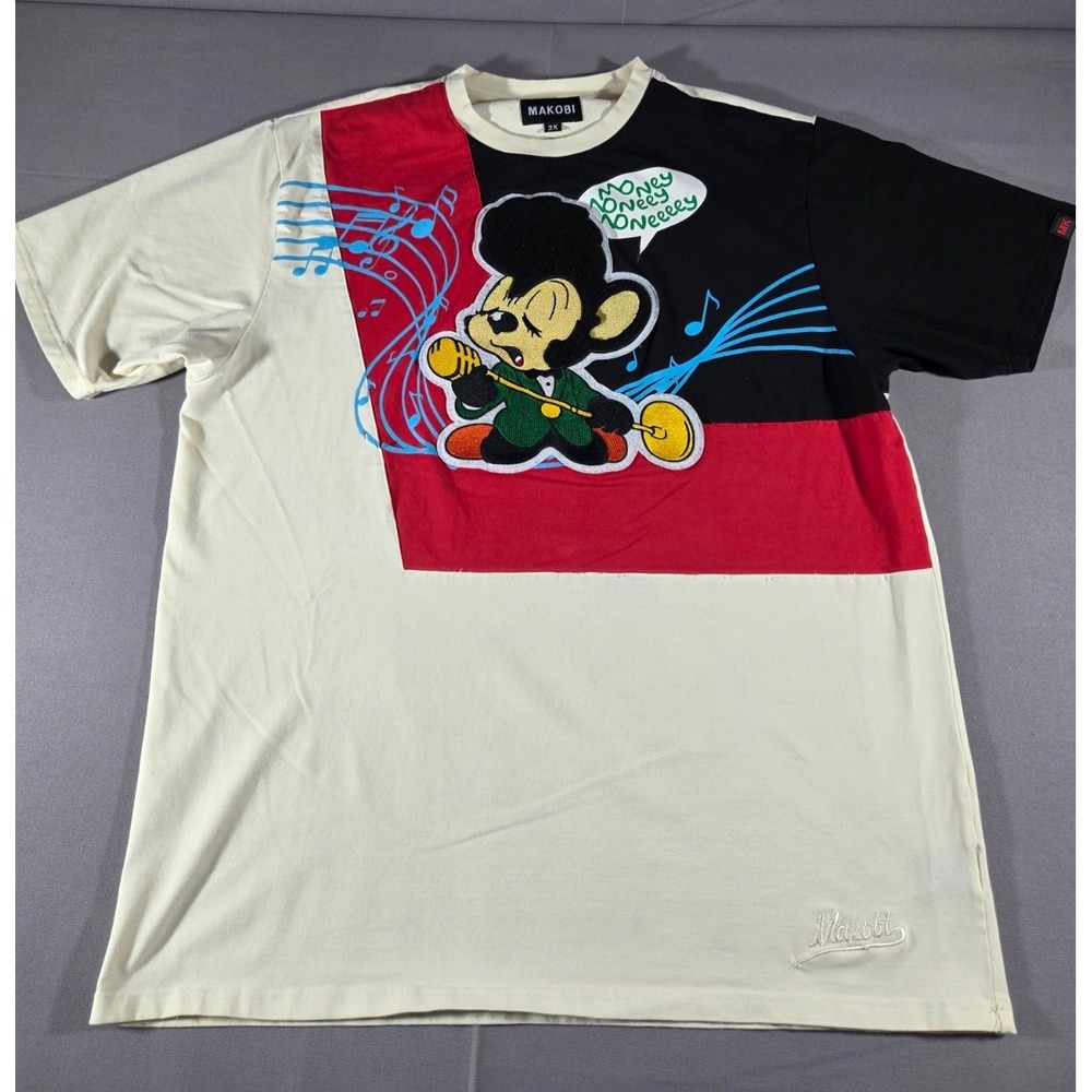 Makobi Shirt Mens 2 Extra Large Beige Black Music Embroidered Money Streetwear